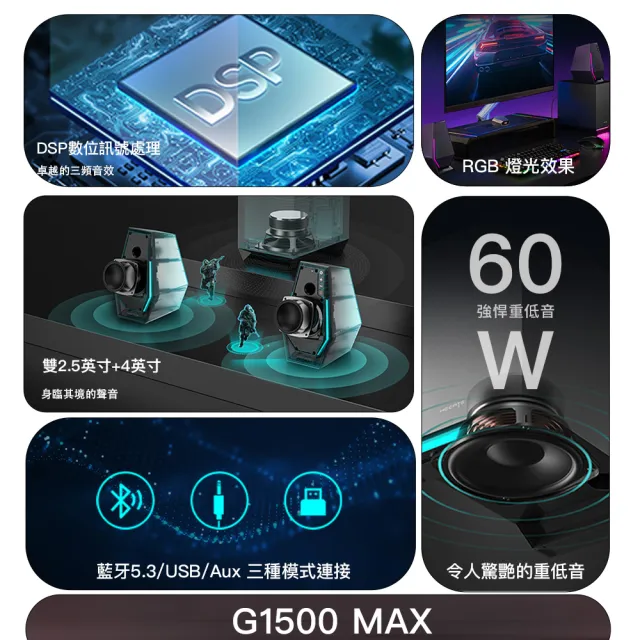 【EDIFIER】G1500 MAX 2.1桌面電競喇叭（藍牙遊戲喇叭｜獨立重低音｜1680萬種RGB燈效｜配件齊全 開箱即用）