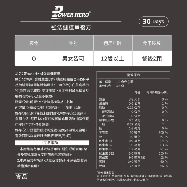 【PowerHero 勁漢英雄】強法健植萃複方x6盒(60顆/盒、專利德國膠原蛋白、10倍濃縮白首烏萃取)