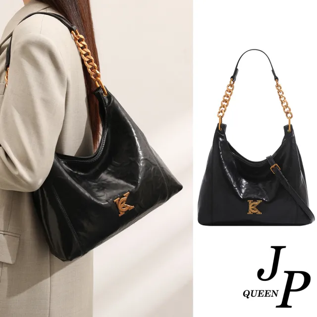 【Jpqueen】交織英文低調五金輕奢真皮鍊條手提包 腋下包 單肩包(黑色)