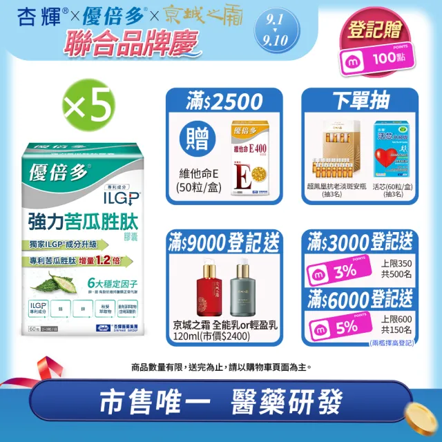 【YouBest 優倍多】強力苦瓜胜肽膠囊 5入(共300粒- 苦瓜含量三粒1020mg ILGP專利成分 雙向調節 中秋禮盒)