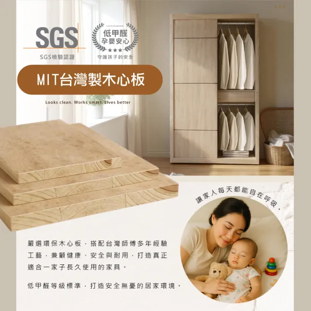 【IHouse】保羅 免組裝3X7尺台灣製推門收納衣櫃木心板衣櫥(贈實木衣架5)