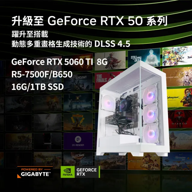 【技嘉平台】R5六核GeForce RTX 5060 Ti 8G{奧丁騎士MG2}電競電腦(R5-7500F/B650/16G D5/1TB)
