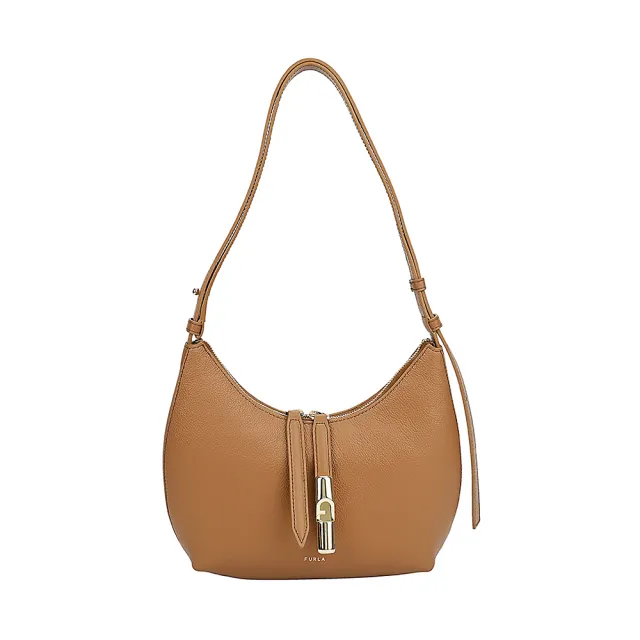 【FURLA 芙拉】FURLA 燙金LOGO GOCCIA系列小牛皮拉鍊肩背包(S號/褐)
