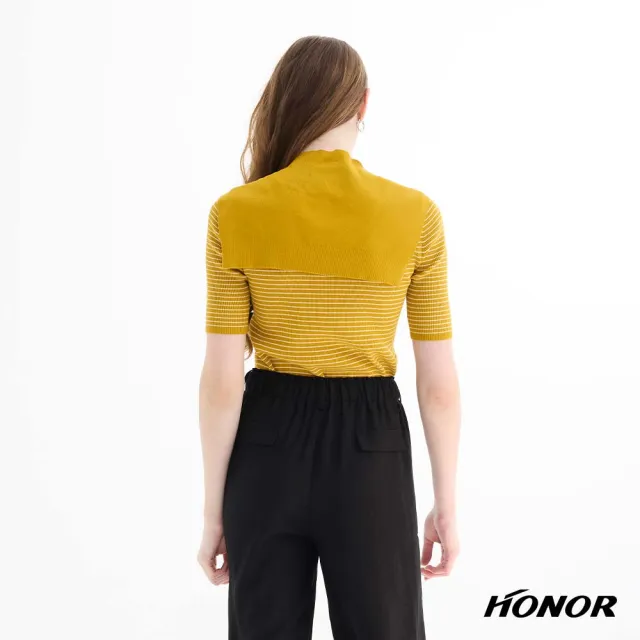 【HONOR 山形屋】細條紋針織披肩兩件式上衣-灰/黃