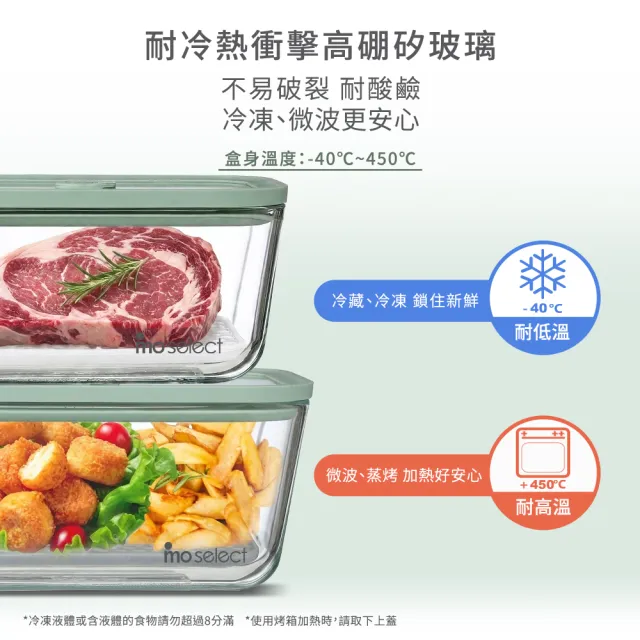 【mo select】超值3入組-可瀝水瀝油密封防漏耐熱玻璃保鮮盒-800ml*2+1400ml*1(mo選/附濾網/分裝盒/便當盒)