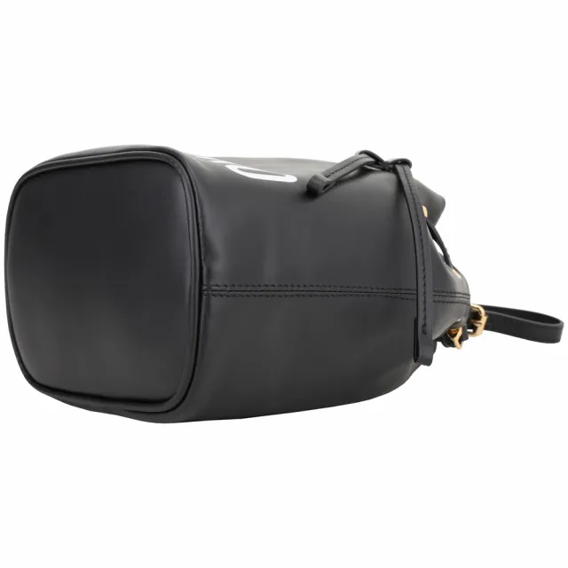 【MOSCHINO】附手挽帶印花字母牛皮束口斜背水桶包(黑色 兩用包 肩背 手拿包)