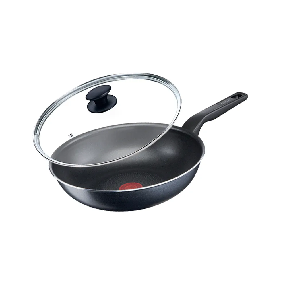 【Tefal 特福】法國製銀河系列28CM不沾鍋炒鍋+玻璃蓋