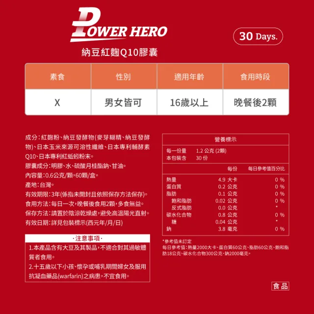 【PowerHero 勁漢英雄】納豆紅麴Q10膠囊x1盒(60顆/盒、日本專利地龍溶激酶、高活性納豆激酶)