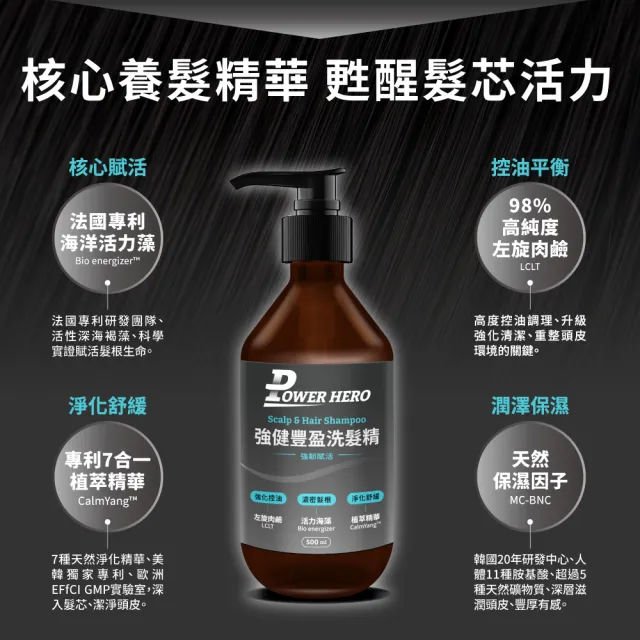 【PowerHero 勁漢英雄】洗髮養髮1+1組(養髮液60ml+洗髮精500ml、強健豐盈/極黑精粹)