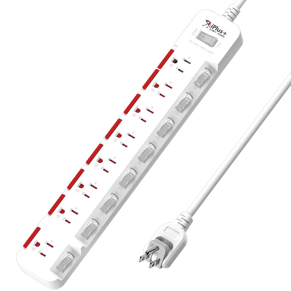【iPlus+ 保護傘】9開8插3P防塵抗雷擊旋轉插頭延長線1.8M(PU-3987S 斜面開關.台灣製.防火)