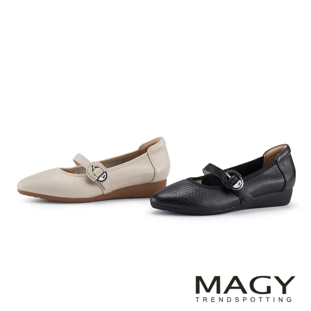 【MAGY】經典牛皮壓紋瑪莉珍平底鞋 黑色