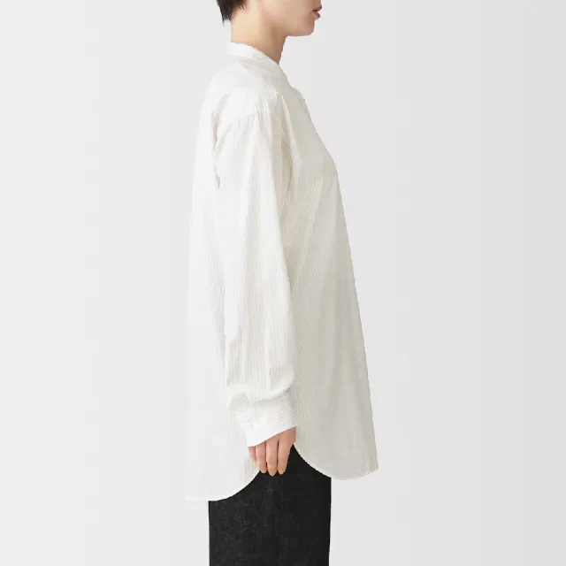【MUJI 無印良品】女水洗平織布立領長袖長版襯衫(白直紋/摩卡棕直紋)