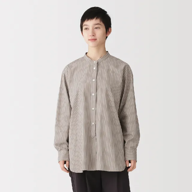 【MUJI 無印良品】女水洗平織布立領長袖長版襯衫(白直紋/摩卡棕直紋)