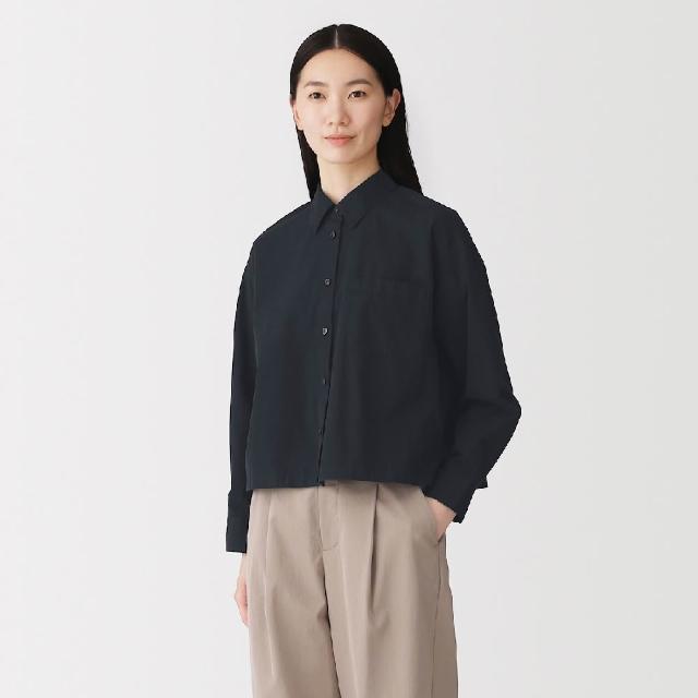【MUJI 無印良品】女水洗平織布短版長袖襯衫(黑色/淡藍)