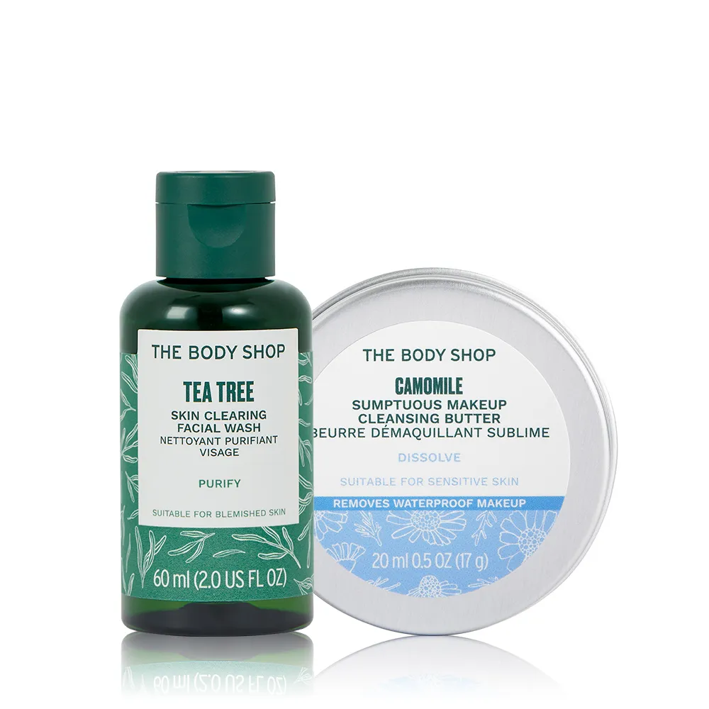 【THE BODY SHOP 美體小舖】淨膚卸妝潔顏組(茶樹潔面膠60ML+洋甘菊卸妝霜20ML)