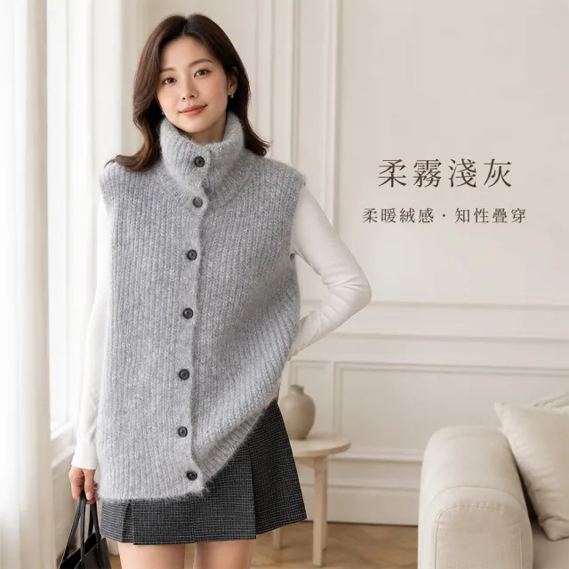 【JC Collection】☆台灣現貨☆|羊駝毛柔暖保暖高領單排釦厚針織寬鬆背心外套|日常百搭