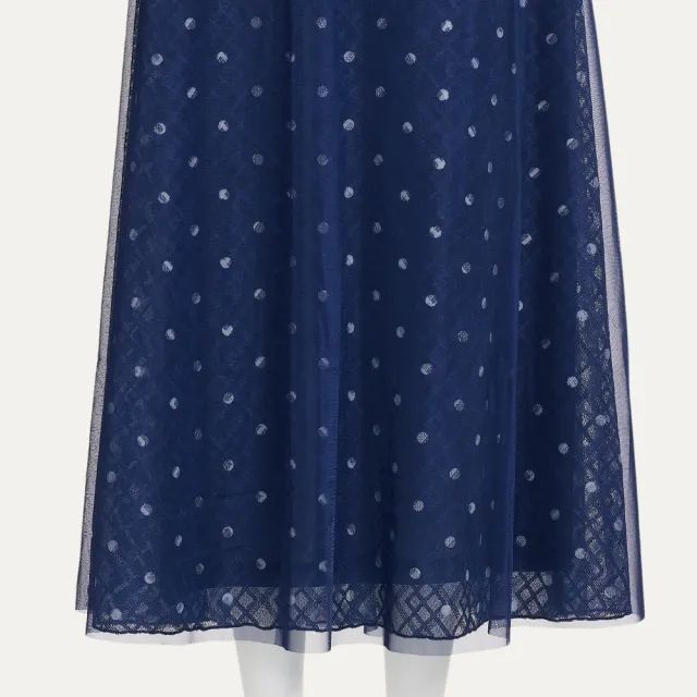 【ILEY 伊蕾】雙層網紗波點格紋長裙(深藍；M-XL；1263382202)