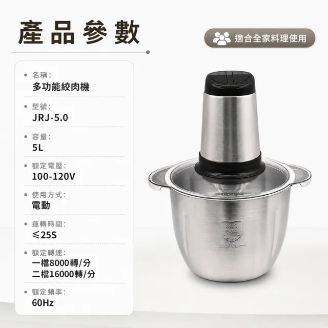 【Felsted 菲仕德】5L電動絞肉機 多功能食物調理機 304不鏽鋼絞肉器 碎肉機 打肉機 蒜蓉機 切菜絞菜料理機