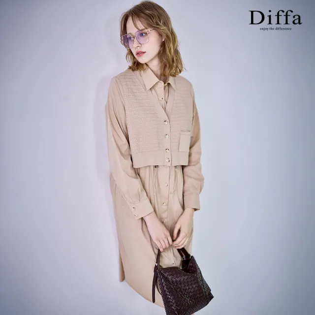 【Diffa】襯衫領假兩件連身長袖洋裝-女