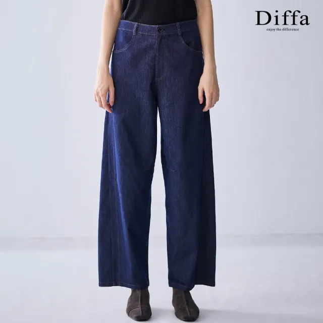 【Diffa】刷色剪裁後腰鬆緊牛仔長寬褲(丹寧)-女