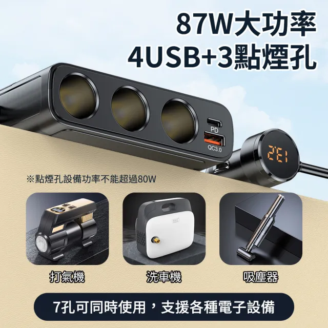 【YORI 優里】最強一拖7 大功率車充(點煙孔擴充器 車用充電器 USB車充 PD+QC3.0快充 PD30W車充)