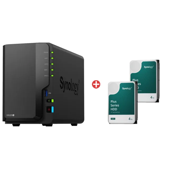 【Synology 群暉科技】搭4TBx2 ★DS225+ NAS 網路儲存伺服器(2Bay/Intel/2GB)(HAT3300-4TB)