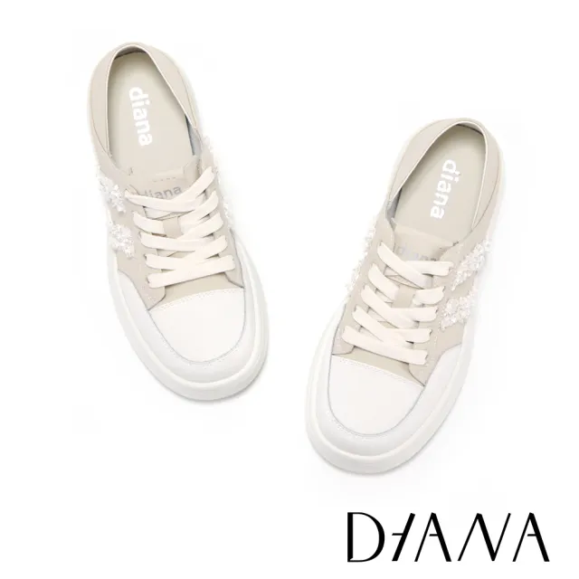 【DIANA】小香風編織雙條紋牛皮兩穿厚底小白鞋 米色