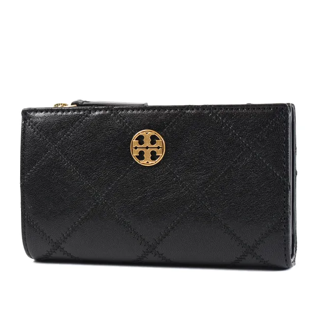 【TORY BURCH】Willa 菱格紋雙釦對開長夾-黑色