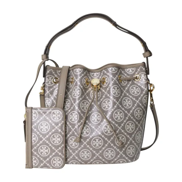【TORY BURCH】T MONOGRAM 附小袋兩用水桶包(褐灰色)