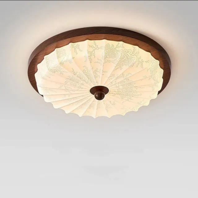 褶扇印花吸頂燈 胡桃木紋 LED 復古溫光天花板燈 臥室房間照明燈飾 圓形燈具