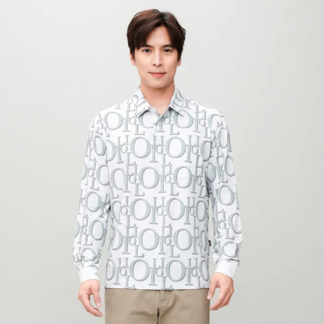 【oillio 歐洲貴族】男裝 長袖品牌POLO衫 口袋 經典休閒 滿版LOGO (白色 法國品牌 有大尺碼)