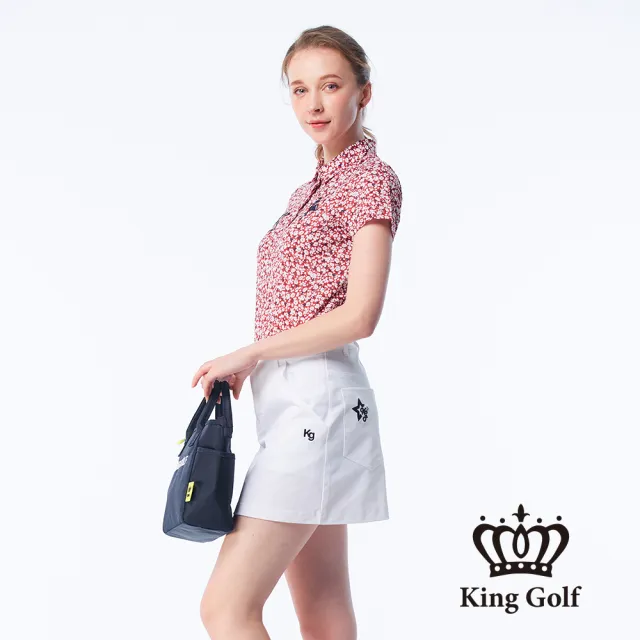 【KING GOLF】網路限定款-女款小花印花火鶴刺繡涼感短袖POLO衫/高爾夫球衫-紅色