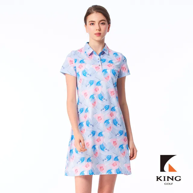 【KING GOLF】網路限定款-女款滿版水彩插畫風印花透氣涼感開襟背心連身裙/高爾夫洋裝-藍色