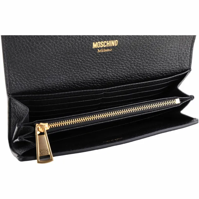 【MOSCHINO】金字徽標荔紋牛皮釦式長夾(黑色 皮夾 錢包 皮件)