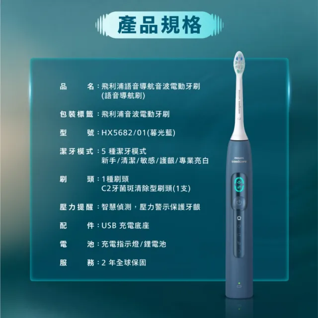 【Philips 飛利浦】momo獨家 HX5682/01 語音導航音波電動牙刷-暮光藍(官方直營/momo集資)