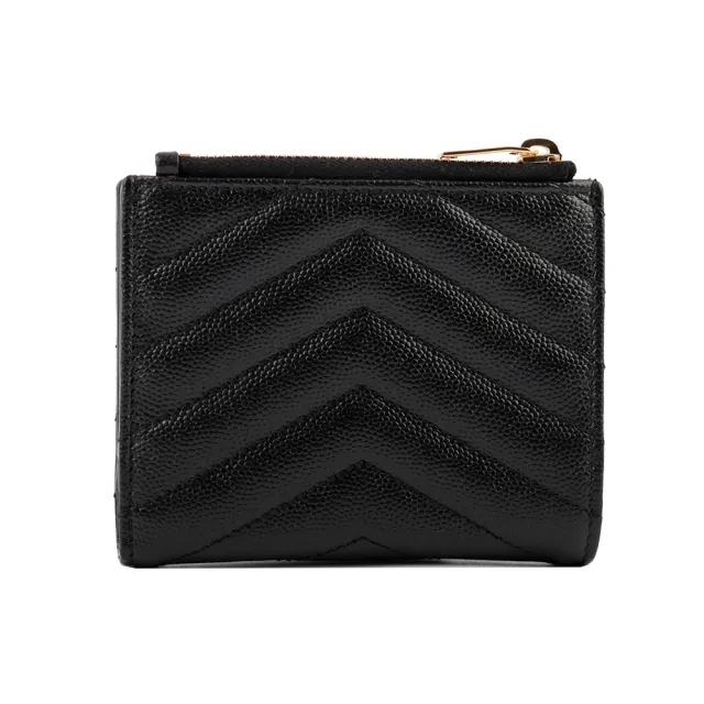 【YSL】山形紋荔枝皮金字logo暗釦短夾(黑)