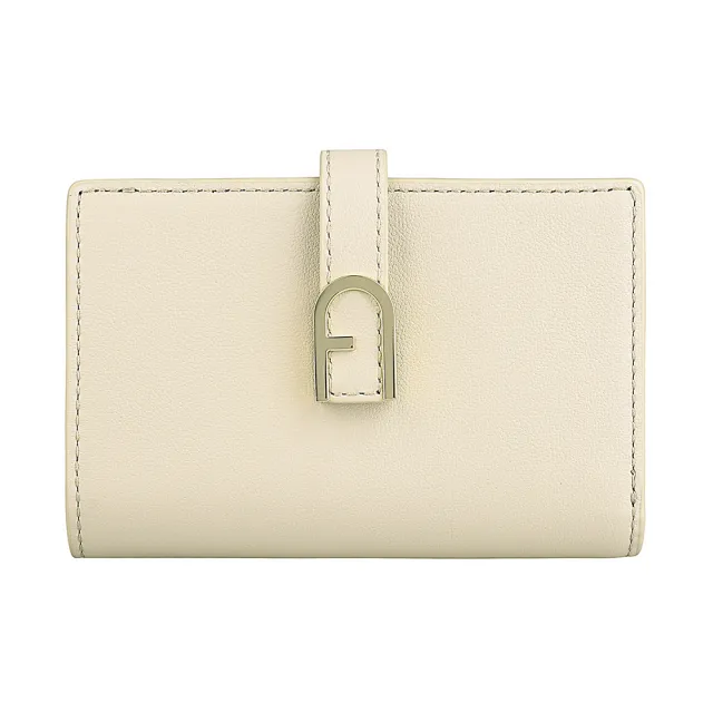 【FURLA 芙拉】FURLA FLOW拱門LOGO扣帶小牛皮6卡壓釦對折中夾(小/米)