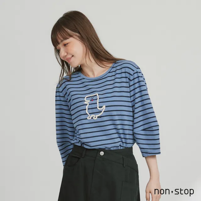 【non-stop】恐龍刺繡條紋七分袖T恤-2色