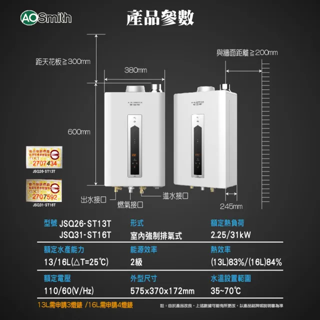 【A.O.Smith】AO史密斯 不鏽鋼瓦斯熱水器16L (JSQ31-ST16T NG1/FE式 含基本安裝 適用天然氣)
