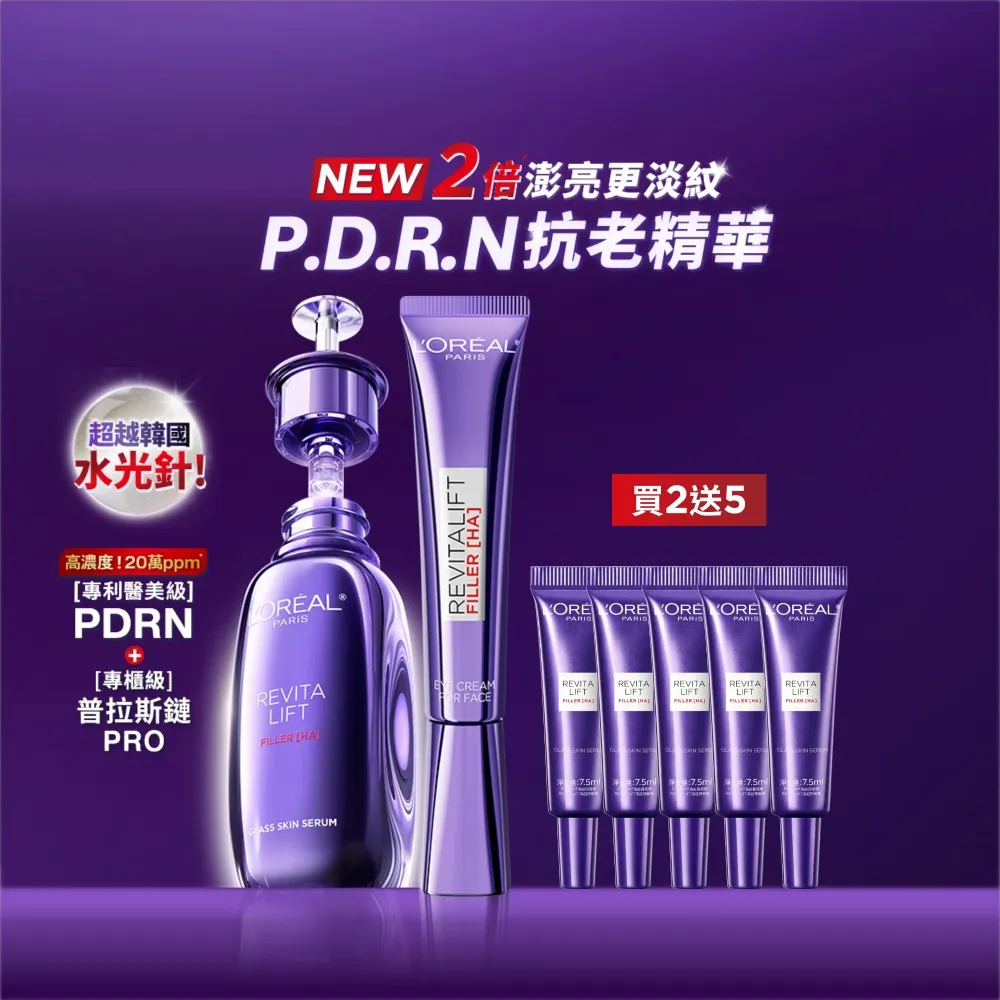 【L’OREAL Paris 巴黎萊雅】超水光P.D.R.N.修護精華30ml+玻尿酸眼霜級撫紋精華霜30ml