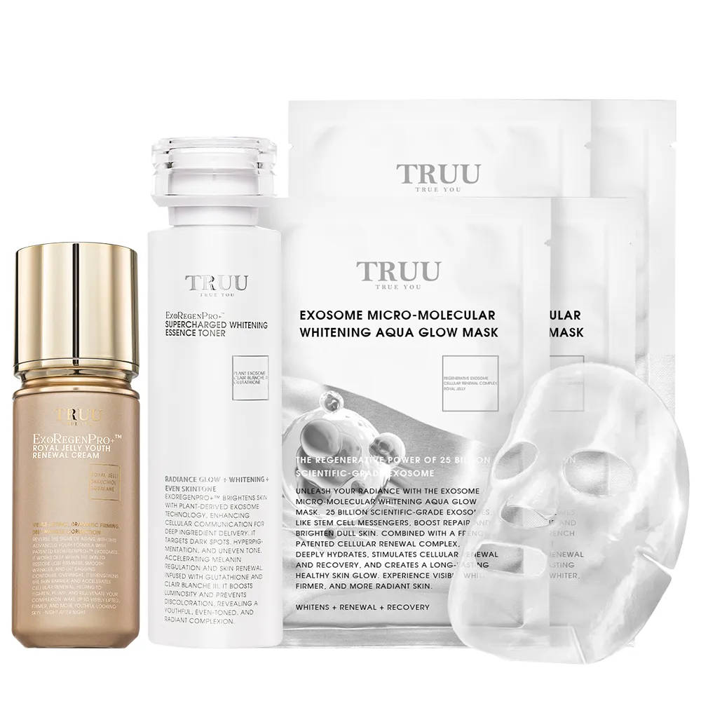【TRUU 童】美白外泌體精華露150ML+蜂王乳再生乳液50ML+外泌體水光面膜4入(美白透亮潤澤 重獲新生光感！)