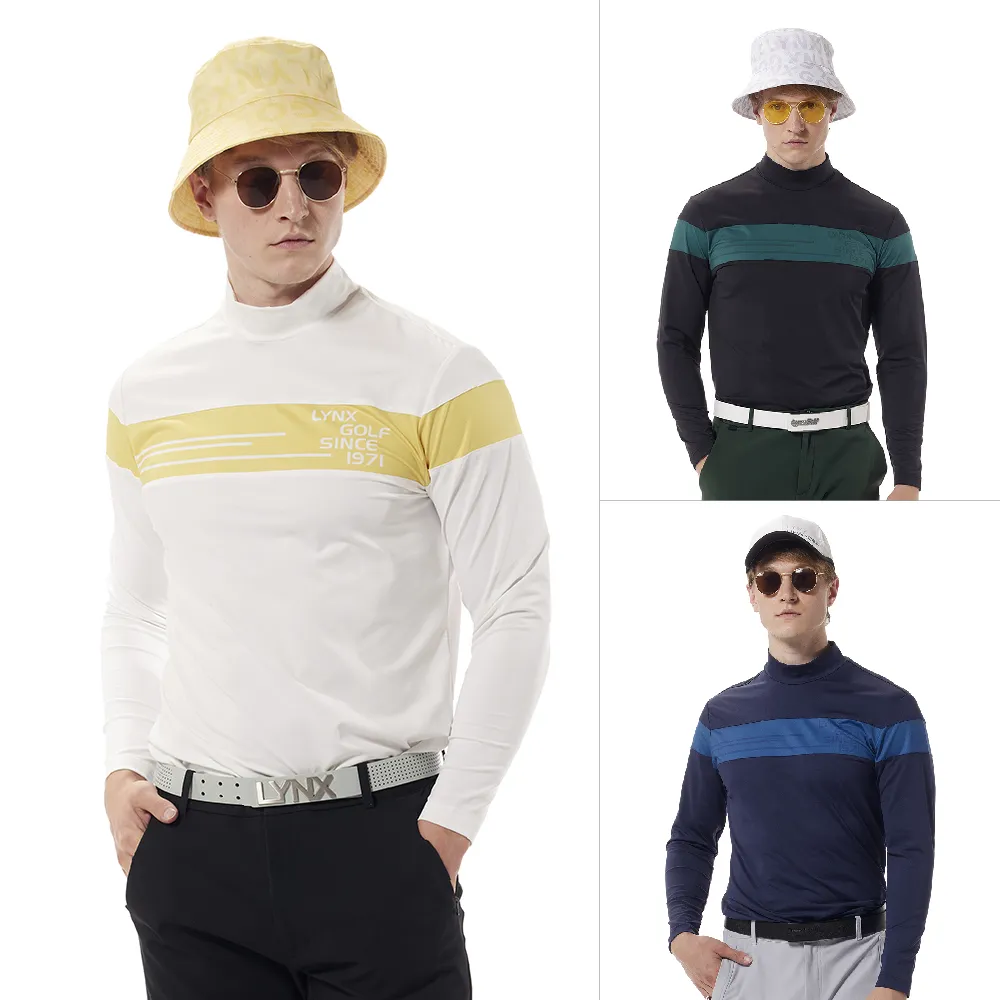 【Lynx Golf】首爾高桿風格！男款合身版吸排抗菌除臭機能配布剪接造型長袖高領POLO衫(三色)