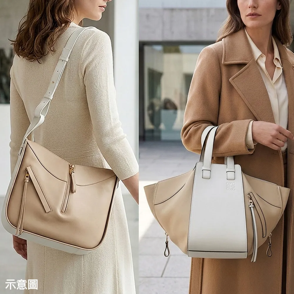 【LOEWE 羅威】LOEWE 撞色小牛皮鉤釦式斜背吊床包(米白x奶茶米棕)