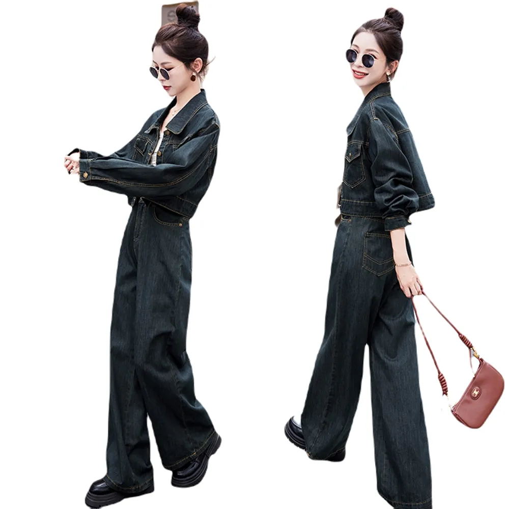 【米蘭精品】現貨+預購 牛仔套裝兩件套(丹寧外套闊腿長褲女裝74fz55)