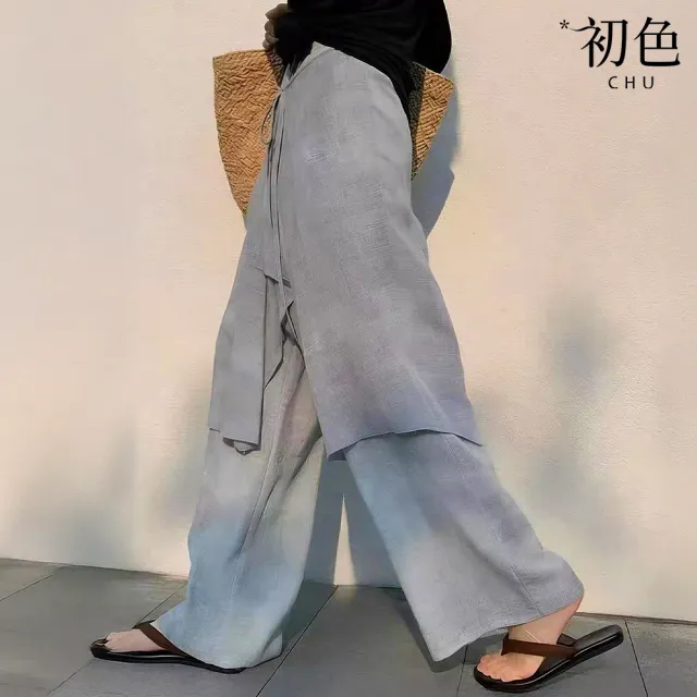 【初色】休閒慵懶風純色中高腰假兩件收腰綁帶寬鬆百搭闊腿褲休閒褲寬褲長褲-灰色-53832(M-XL可選)