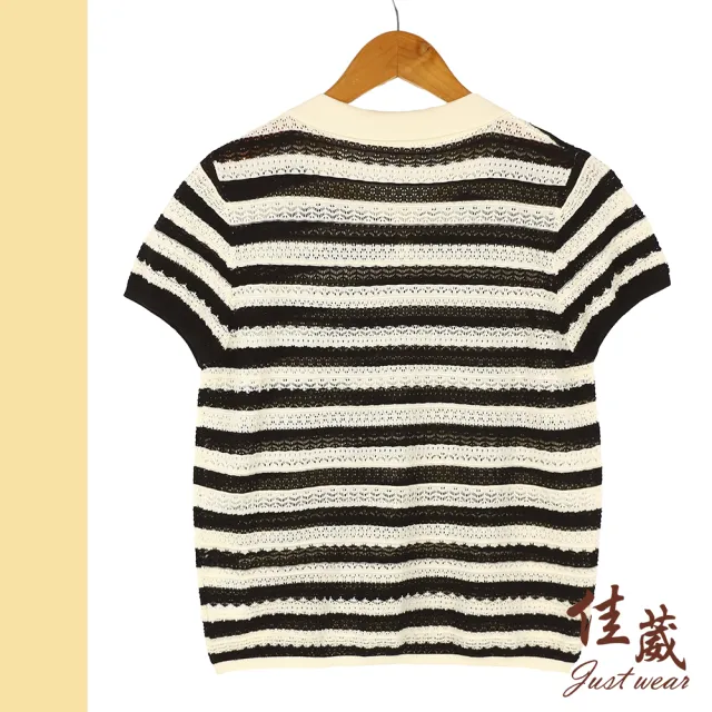 【Just Wear 佳葳】知性撞色翻領針織上衣(女上衣/女上著/短袖/針織/條紋/撞色/翻領/休閒)