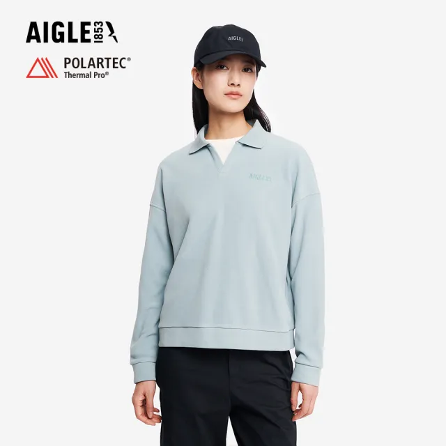 【AIGLE】女 POLARTEC 刷毛POLO衫｜AG-5A241A251 迷霧藍 (女長袖上衣 POLO衫 罩衫 保暖上衣 刷毛衣)