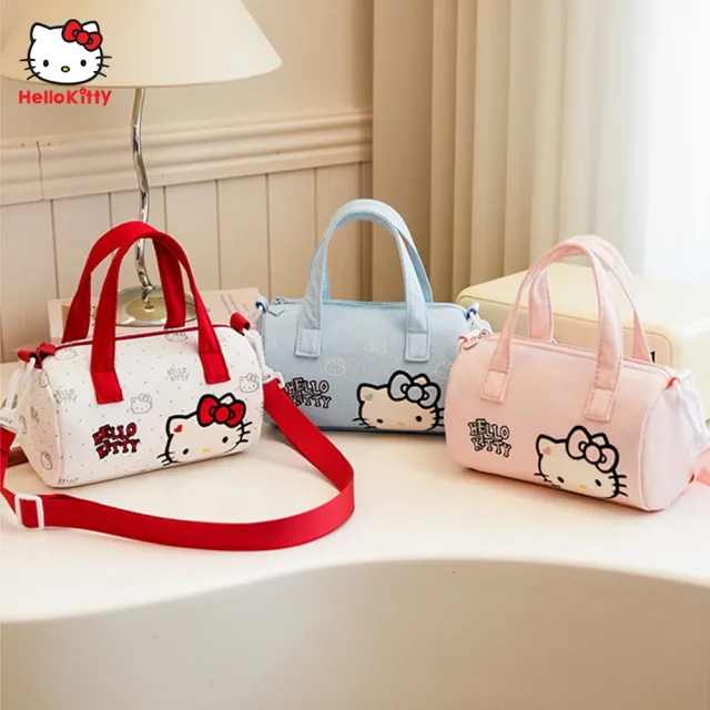 【SANRIO 三麗鷗】雙11 凱蒂貓便攜手提斜背包 圓筒包(Hello Kitty)