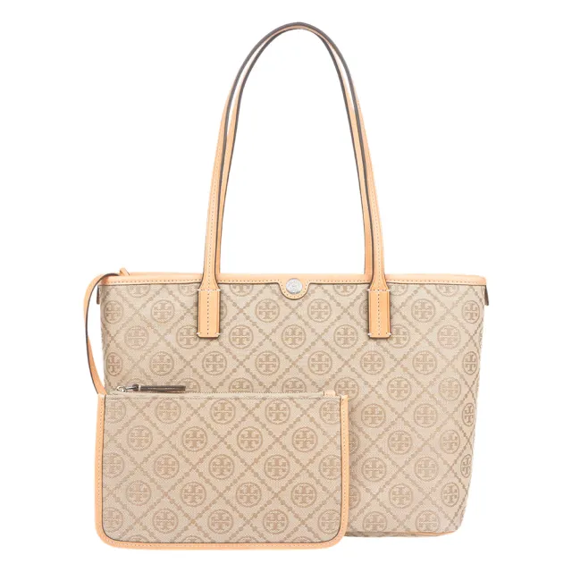 【TORY BURCH】T Monogram 緹花帆布附小袋拉鍊托特包_小(亞麻色)
