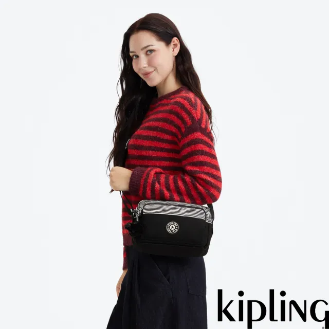 【KIPLING】白色條紋拼接多層收納側背包-ABANU M ZIP 女包